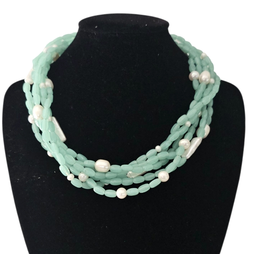 Vintage Sterling Silver Sea Foam Green Chalcedony Chocker Necklace 15.25"